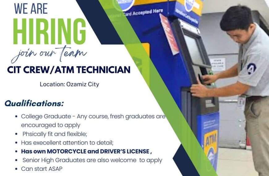 a man in uniform operates an atm beside a hiring ad for a cit crew/atm technician in ozamiz city.