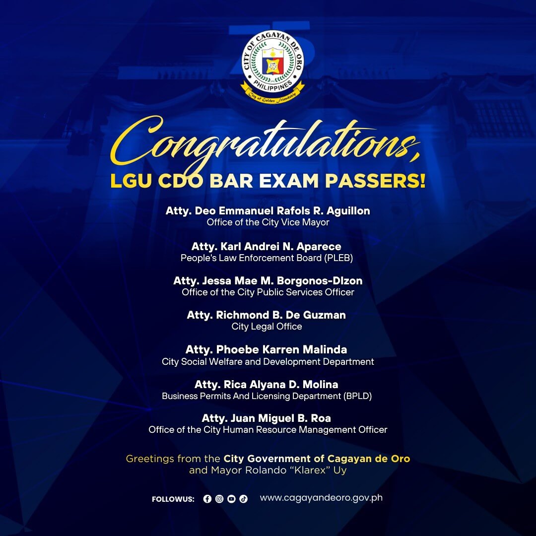 blue congratulatory poster listing cagayan de oro lgu bar exam passers with their names and office titles.