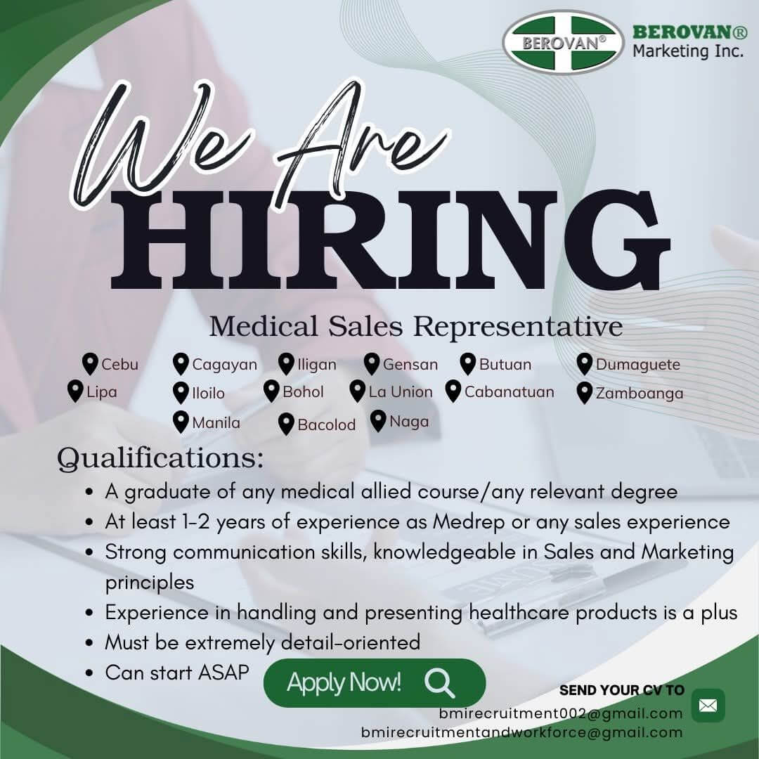 we are hiring flyer for medical sales rep at berovan, with qualifications and locations listed, green theme.
