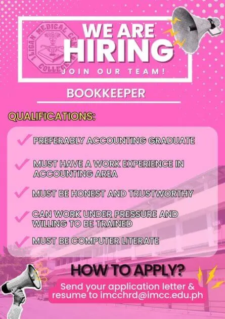 a pink poster with text and images from iligan medical center college’s accounting office.