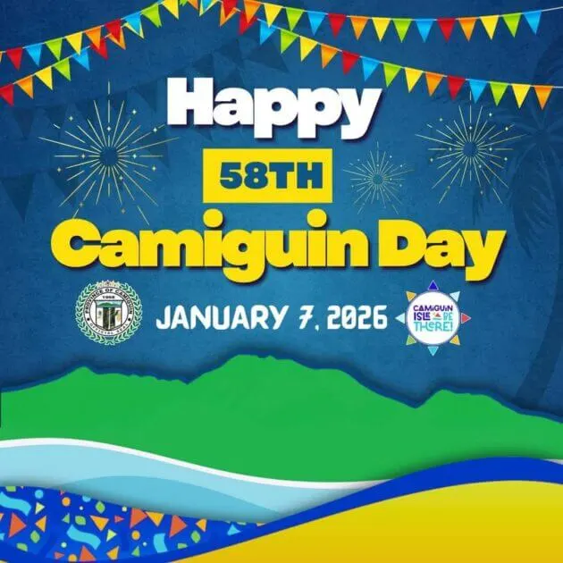colorful graphic for camiguin’s 58th provincial anniversary with festive banners, fireworks, and january 7, 2026.