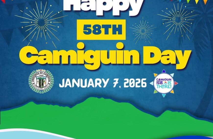 colorful graphic for camiguin’s 58th provincial anniversary with festive banners, fireworks, and january 7, 2026.