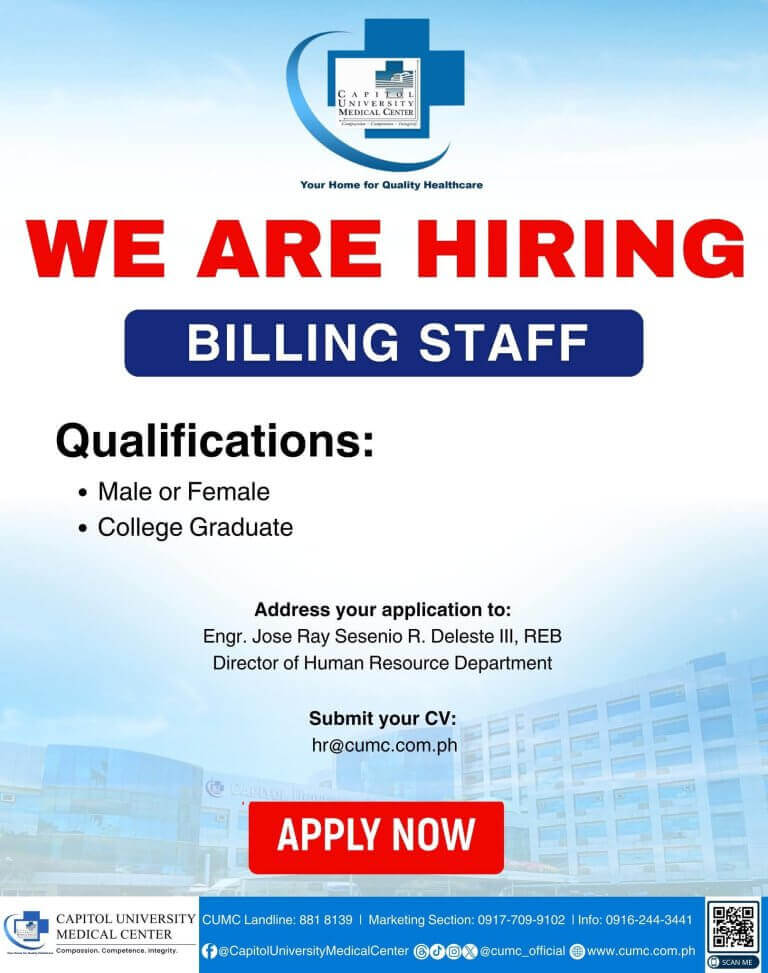 a hiring poster for billing staff at capitol university medical center iligan, with qualifications and application details.