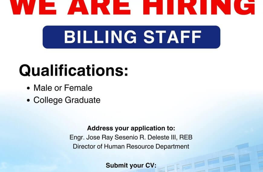 a hiring poster for billing staff at capitol university medical center iligan, with qualifications and application details.