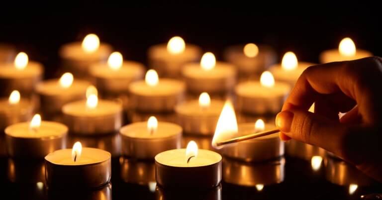 a hand lights a tealight candle with a match—symbolizing hope amid darkness and cho serbisyo.