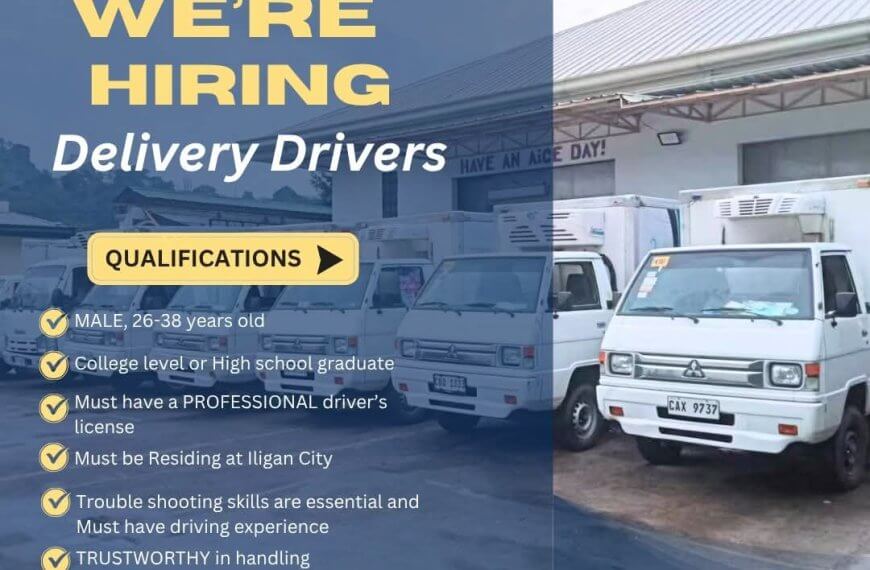 five white delivery trucks parked in a row; aice ice cream iligan hiring delivery drivers, see requirements.