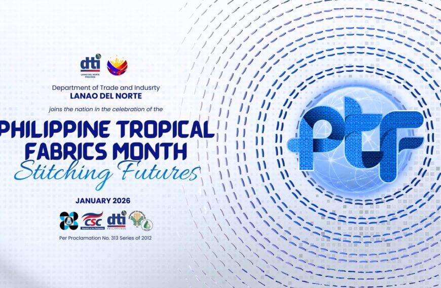 blue and white graphic for philippine tropical fabrics month 2026 with circular stitched patterns.