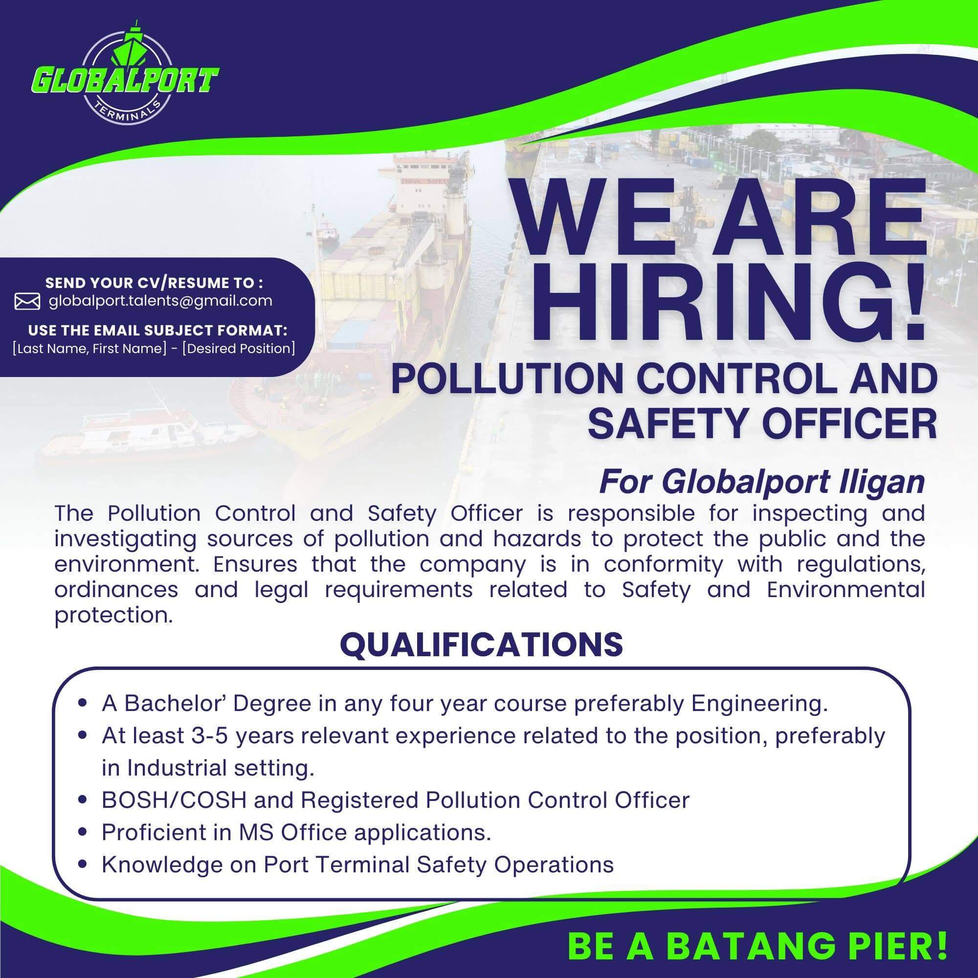 job hiring poster for pollution control and safety officer at globalport iligan, with qualifications listed.