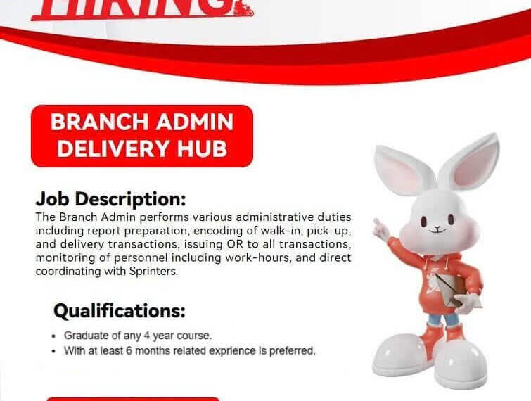 j&t express hiring poster featuring a cartoon bunny mascot and branch admin job details on a white background.
