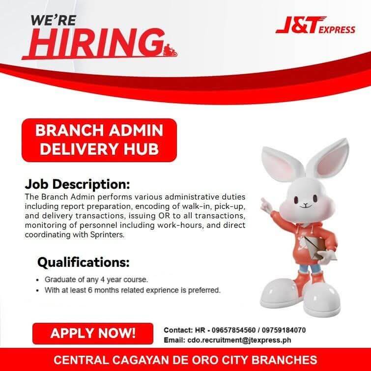 j&t express hiring poster featuring a cartoon bunny mascot and branch admin job details on a white background.