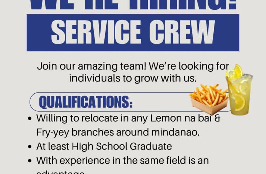hiring ad for service crew, lists qualifications, contact info, and logos for lemon na bai and aimstaff cooperative.