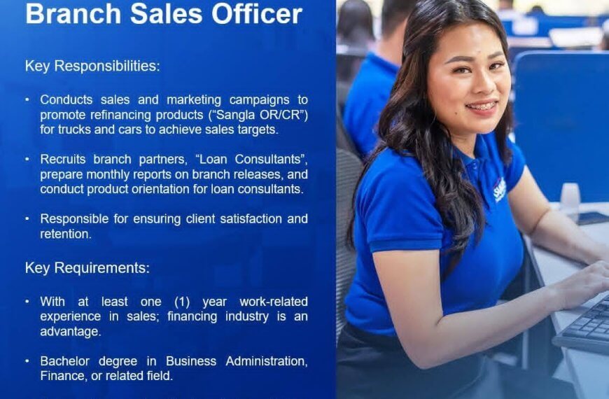 smiling woman in blue shirt sits at desk with coworkers; job ad for branch sales officer is overlaid on image.