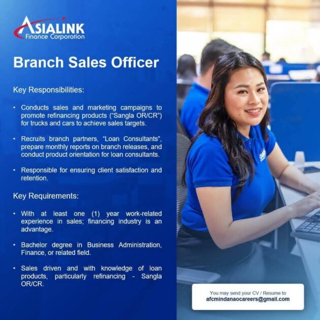 Asialink Finance Corporation Urgently Hiring Branch Sales Staff in El Salvador City