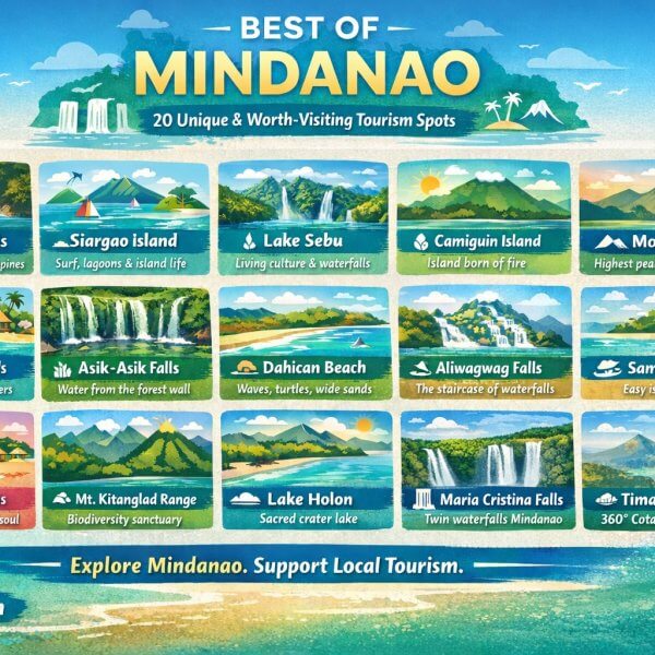 colorful illustrated map highlighting the best of mindanao’s unique tourist spots with icons and brief descriptions.