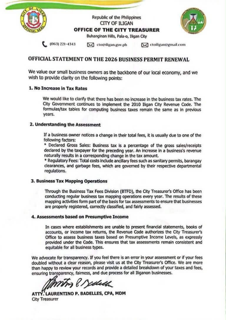 official statement from iligan city treasurer on 2026 business permit renewal, with detailed guidelines and logos.