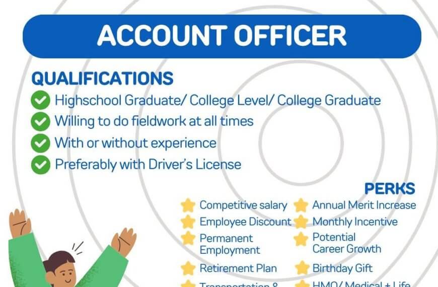 job ad for account officer: lists qualifications, perks, and contact email with a cartoon woman using a laptop.