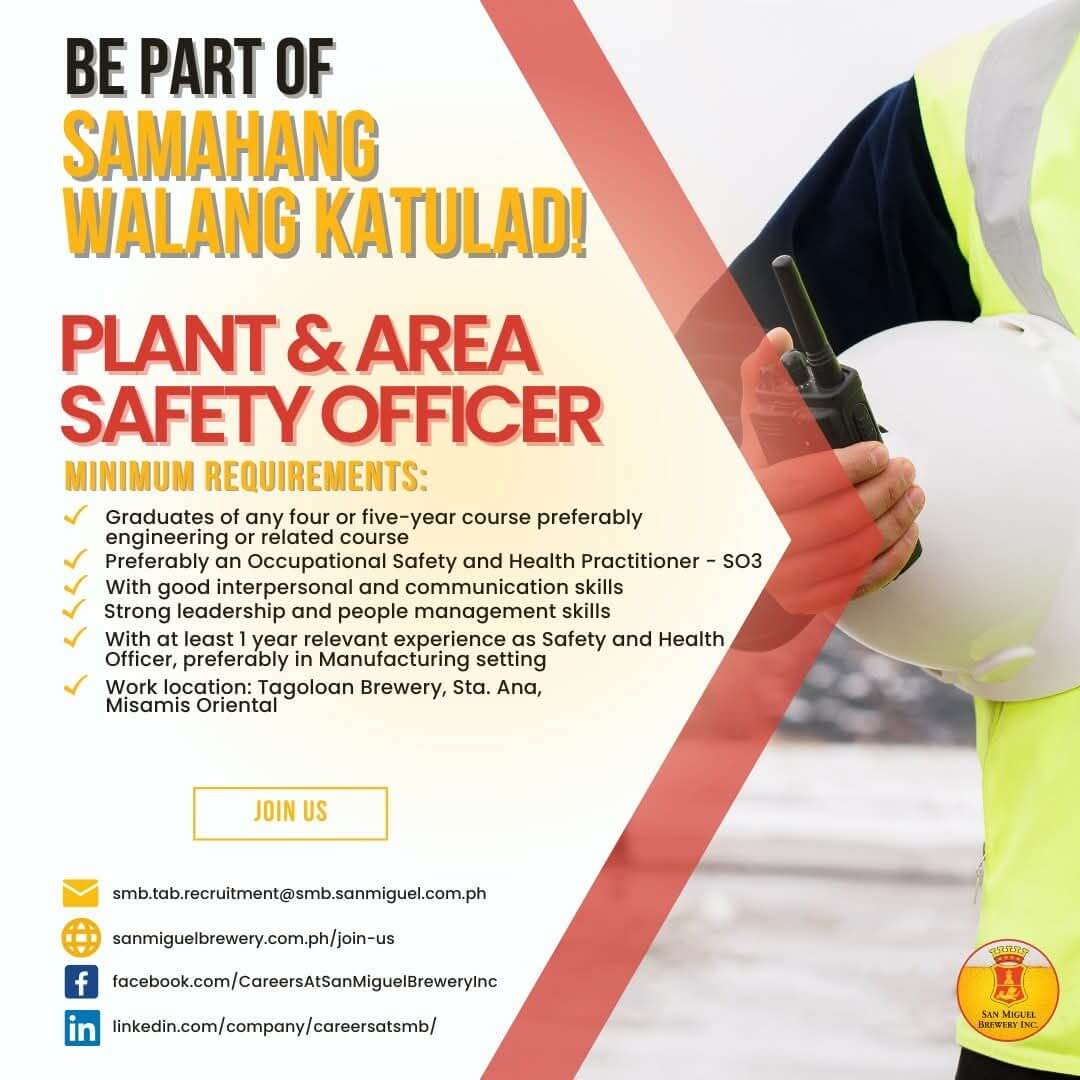 a job ad for plant & area safety officer with requirements, contact info, and a person wearing a safety vest.
