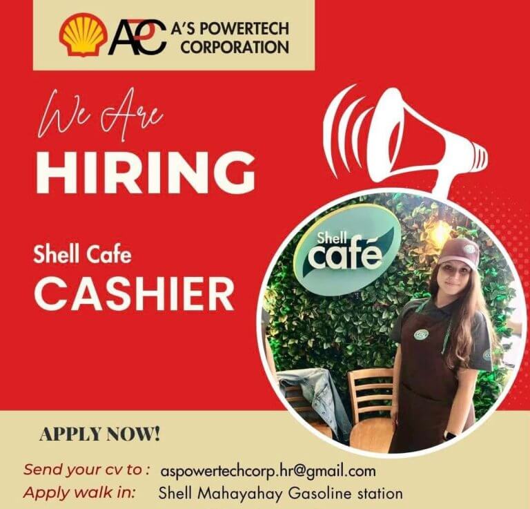 hiring ad for shell cafe cashier; woman in uniform stands beside shell cafe logo, application details below.