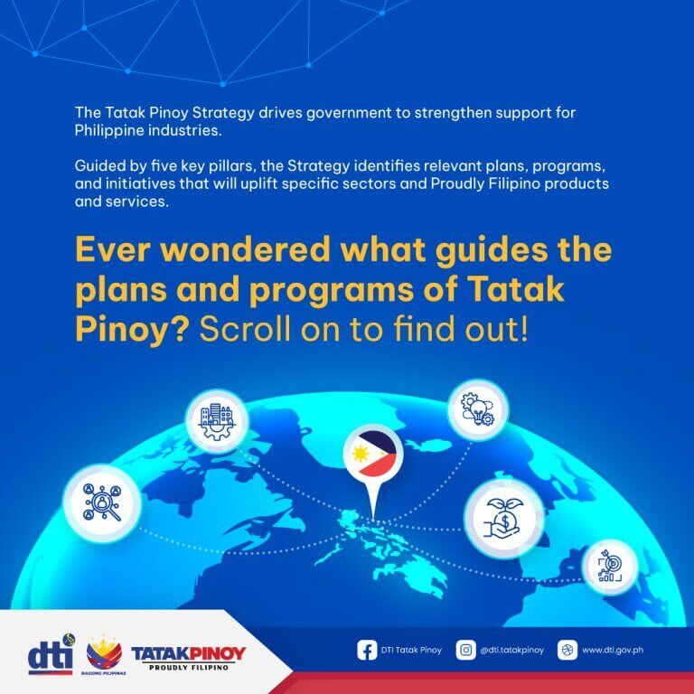 blue graphic with global map, icons for innovation, trade, skills, jobs, and text about tatak pinoy strategy.