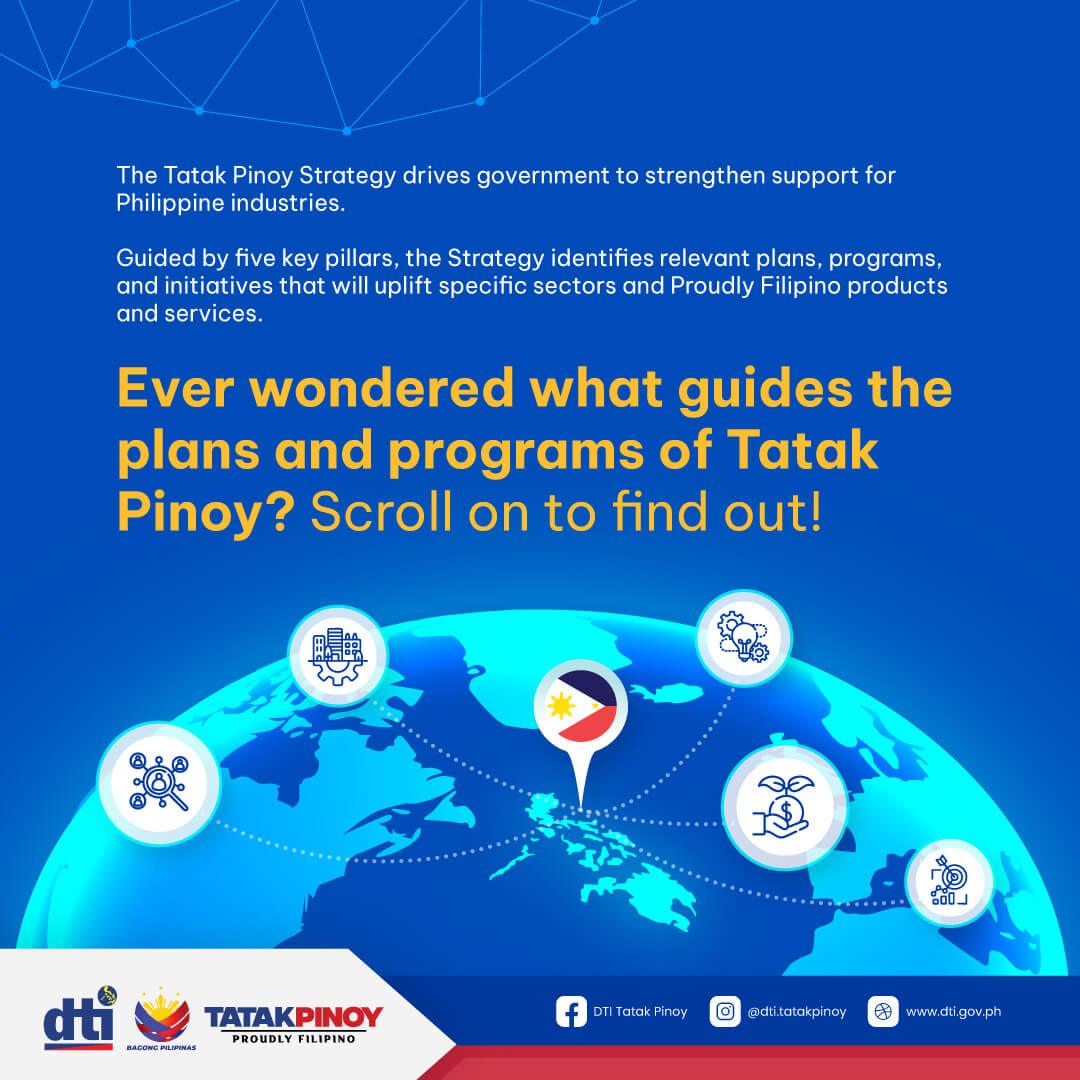 blue graphic with global map, icons for innovation, trade, skills, jobs, and text about tatak pinoy strategy.
