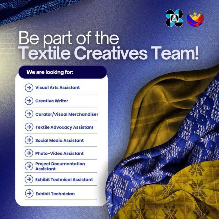textile creatives team hiring list on a blue gold textile background with logos and patterned cloth.