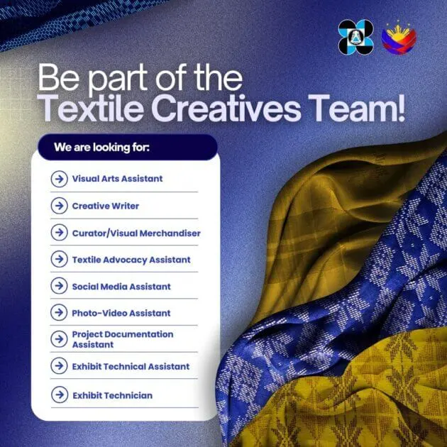 textile creatives team hiring list on a blue gold textile background with logos and patterned cloth.