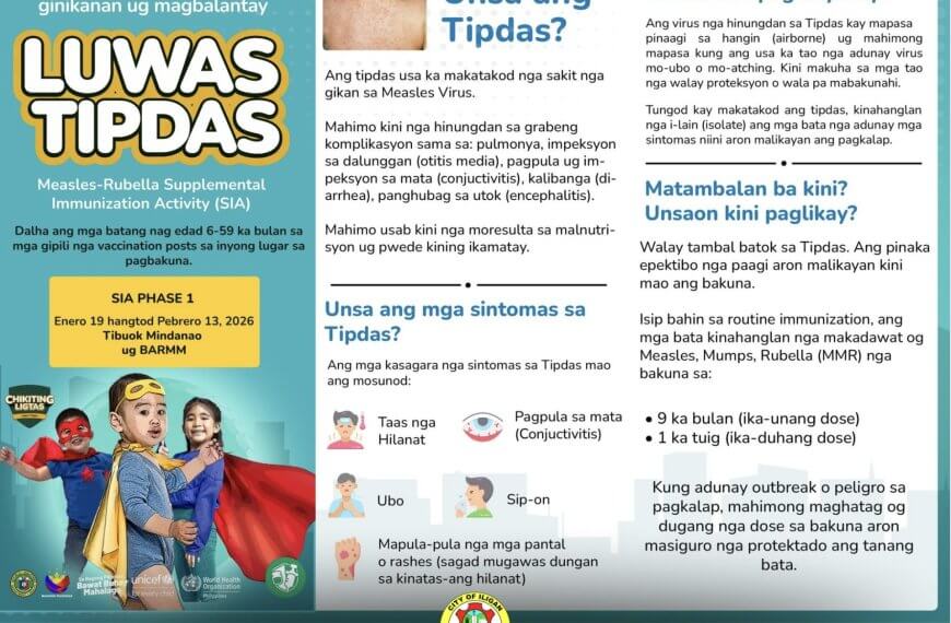 infographic in cebuano for iligan city parents on measles immunization, symptoms, and prevention tips.