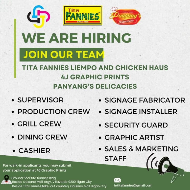 hiring ad for tita fannies and partners listing open roles like supervisor, grill crew, cashier, and more.