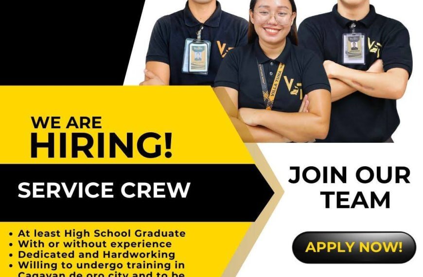 three villa tuna employees in uniform and lanyards stand smiling, promoting hiring for service crew positions.