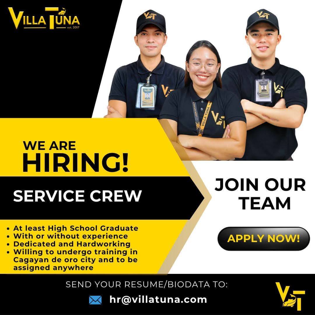 three villa tuna employees in uniform and lanyards stand smiling, promoting hiring for service crew positions.