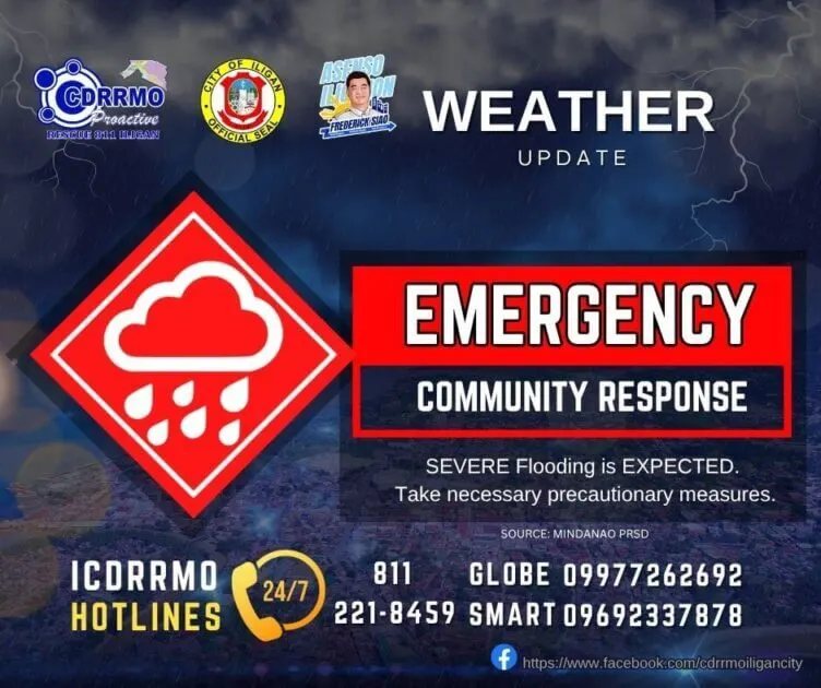 a weather alert for severe flooding with emergency contact numbers and precautionary instructions displayed.