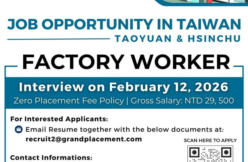 a job ad for factory workers in taiwan; interview feb 12, 2026; salary ntd 29,500; apply via grand placement.