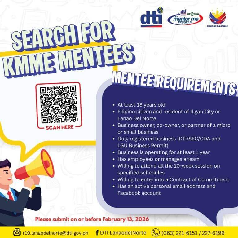 poster seeking kmme mentees; lists requirements, contact info, qr code, and a businessman illustration.