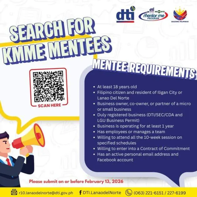poster seeking kmme mentees; lists requirements, contact info, qr code, and a businessman illustration.