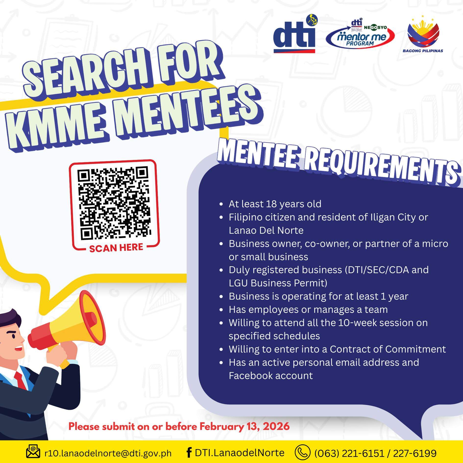 poster seeking kmme mentees; lists requirements, contact info, qr code, and a businessman illustration.