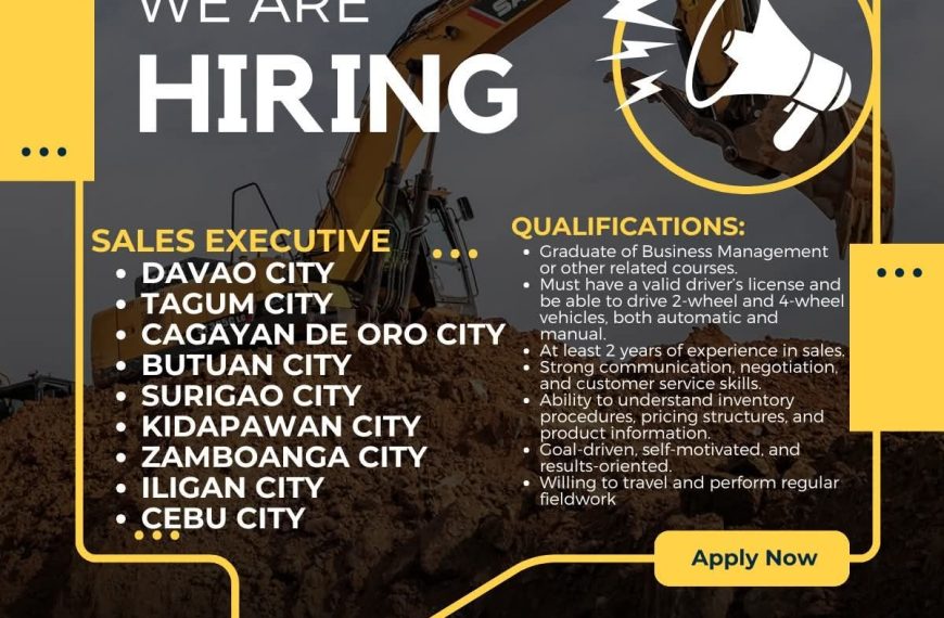 job hiring ad for sales executives in philippine cities; lists qualifications, with excavator in the background.