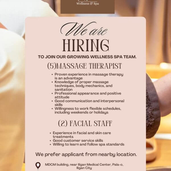 wellness spa hiring poster listing job openings for massage therapists and facial staff on a soft, blurred background.