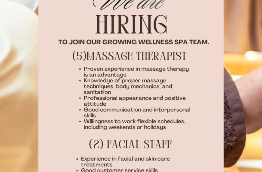wellness spa hiring poster listing job openings for massage therapists and facial staff on a soft, blurred background.
