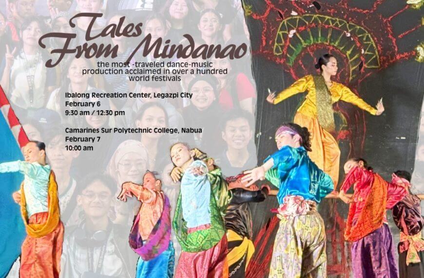 colorful dancers in ornate costumes perform on stage with a vibrant crowd and event details in the background.