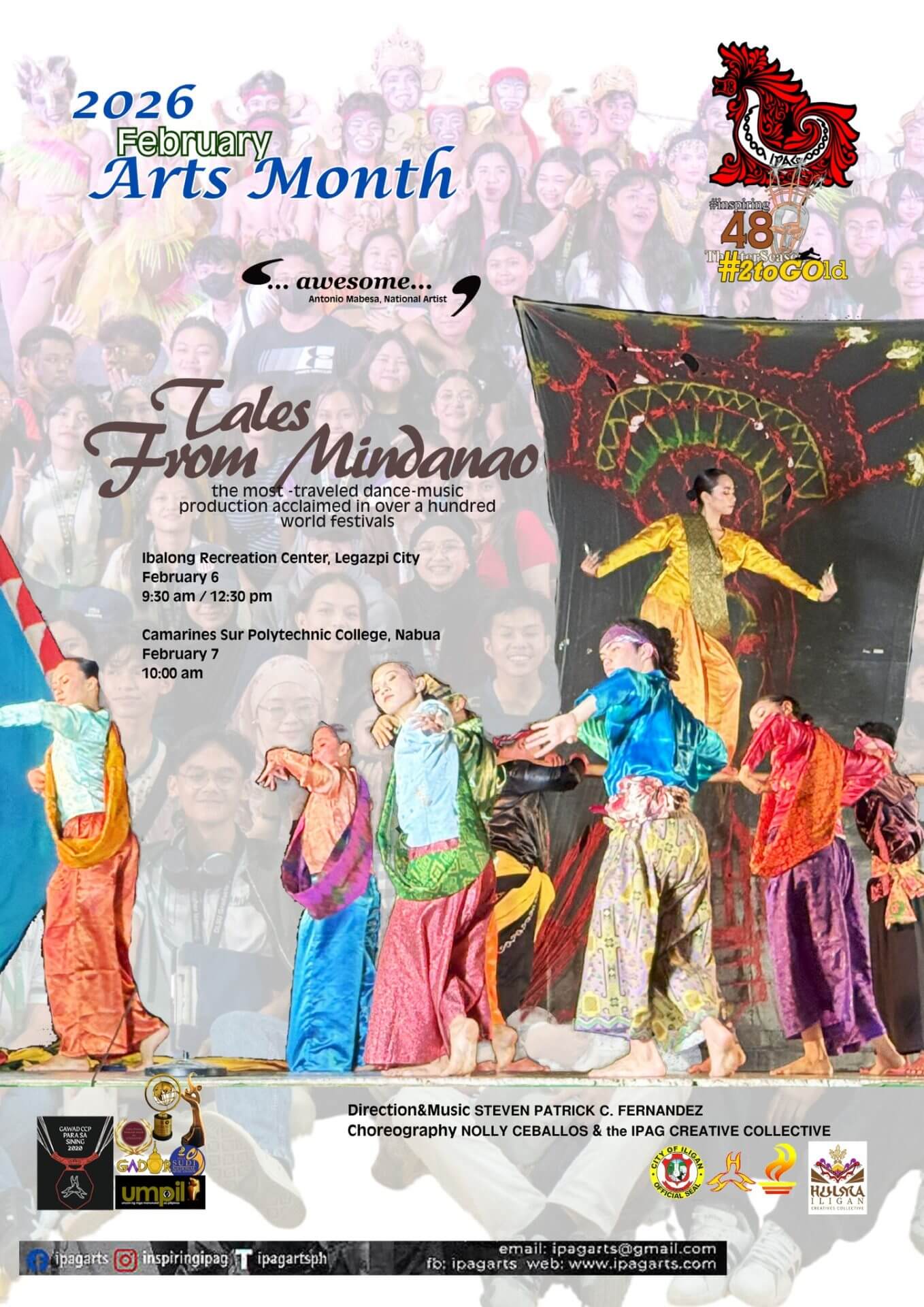 colorful dancers in ornate costumes perform on stage with a vibrant crowd and event details in the background.