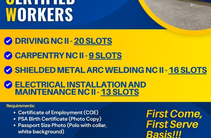 tesda salvador trade school cawc poster with course slots, requirements, and contact details on a blue background.
