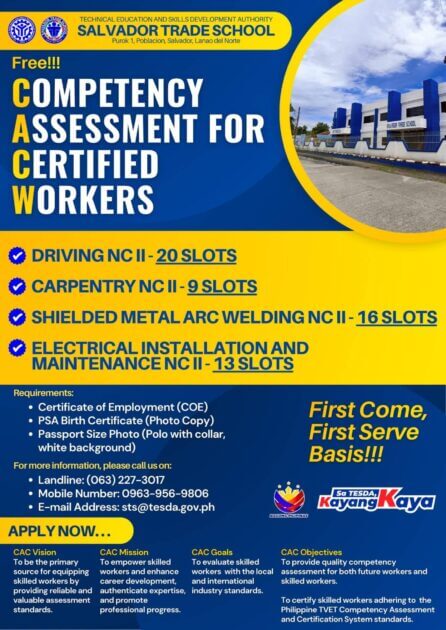 tesda salvador trade school cawc poster with course slots, requirements, and contact details on a blue background.