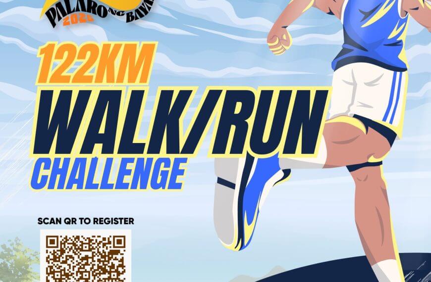 poster for initao walk/run challenge: 122km, event dates, runner, qr code—part of palaro ng bayan 2026.