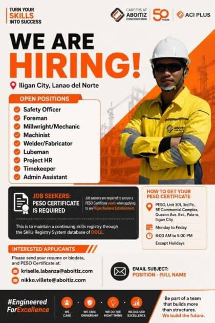 poster features a skilled worker in safety gear, highlighting aboitiz construction jobs in iligan city.