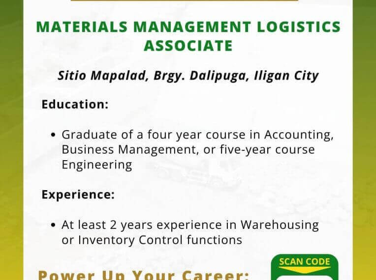 job hiring poster for a materials management logistics associate at alsons power group in iligan city, details listed.
