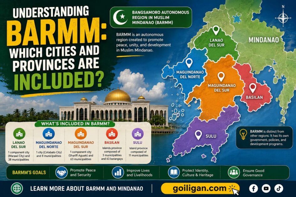 infographic featuring barmm’s cities, provinces, goals, and key facts with a regional map.