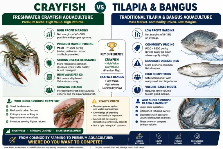 comparison chart of crayfish vs. tilapia & bangus aquaculture in the philippines’ profitable agribusiness sector.