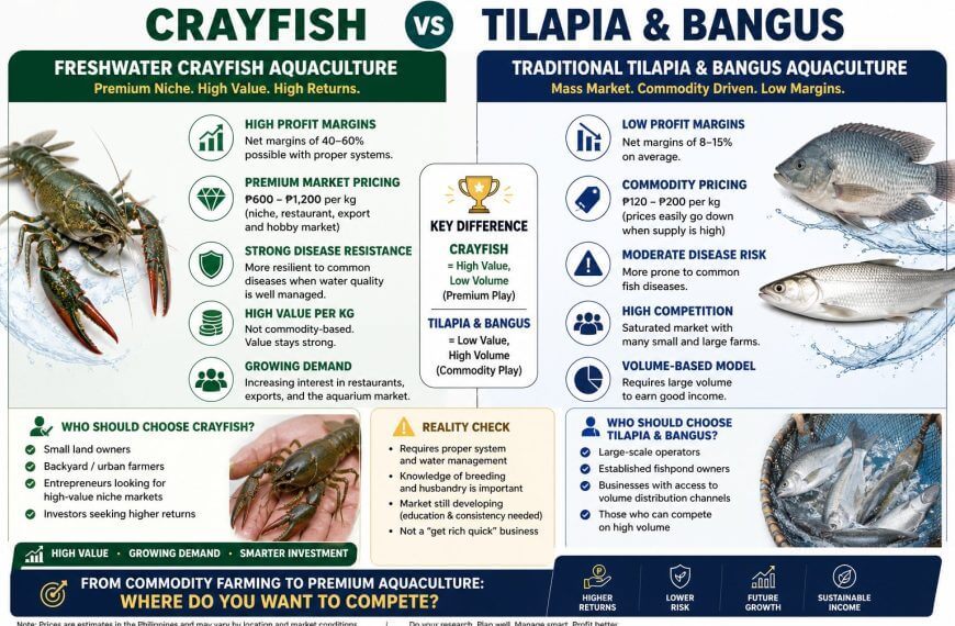 comparison chart of crayfish vs. tilapia & bangus aquaculture in the philippines’ profitable agribusiness sector.