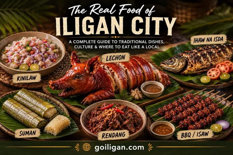 a table with traditional dishes—lechon, kinilaw, suman, and more—showcasing iligan city's local food.