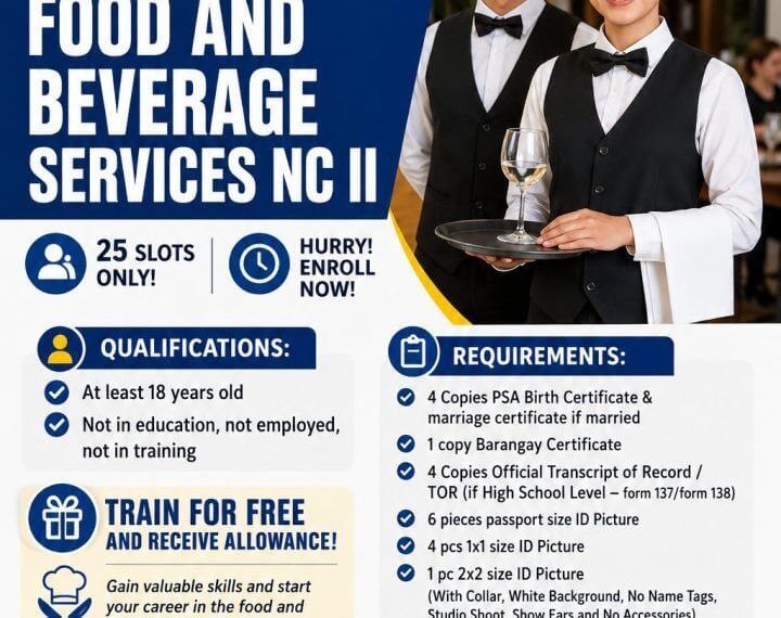 two smiling students hold food trays; text promotes icti polytechnic college's tesda food and beverage services scholarship.